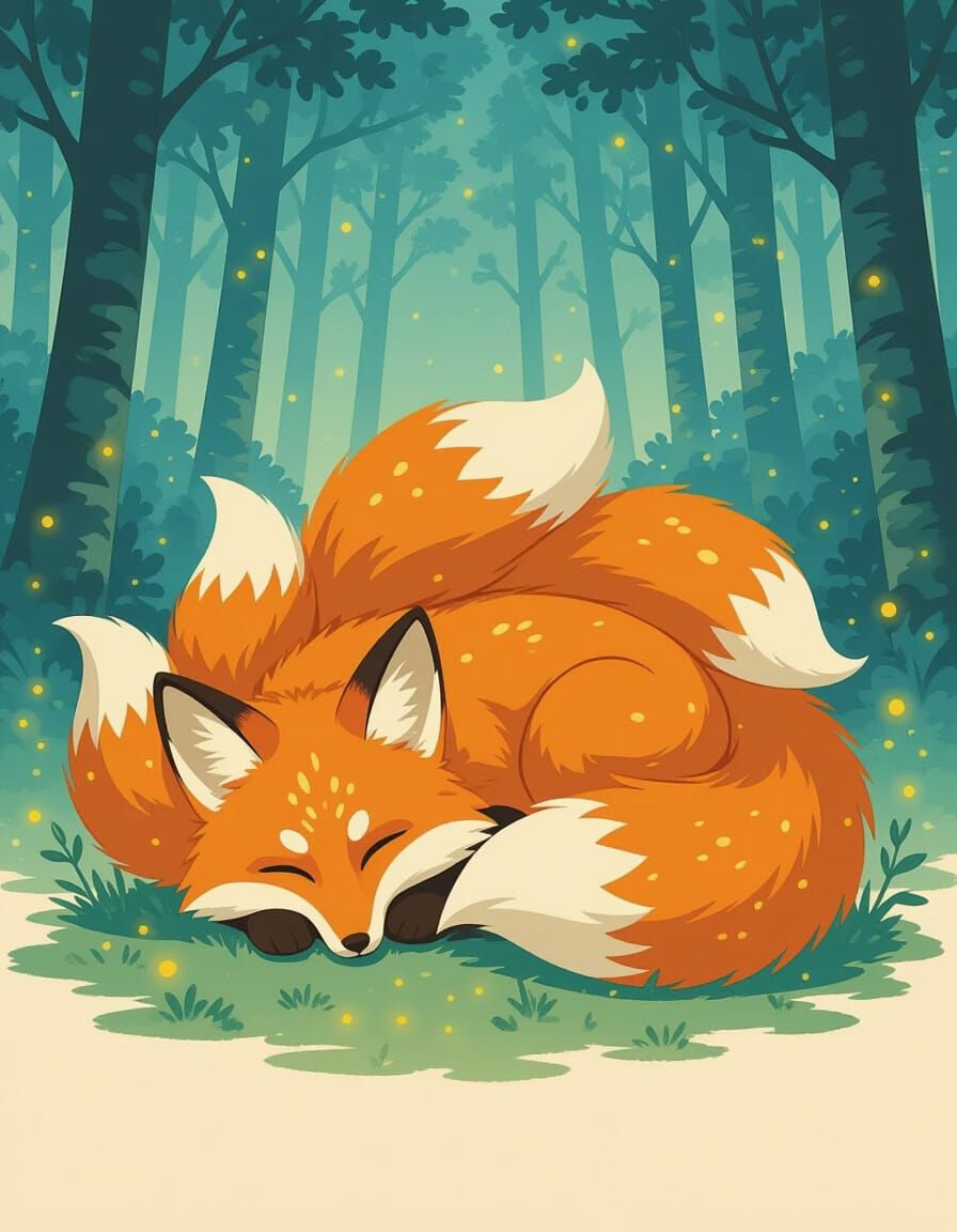 Nine-Tailed Fox Resting in Twilight Forest