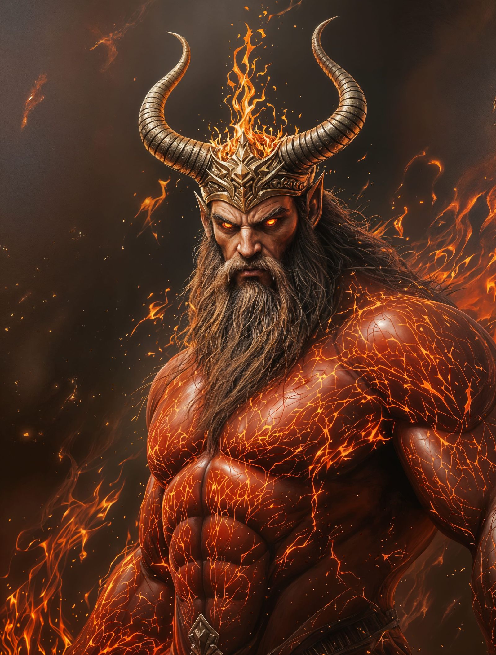 Nordic Fire God Surtr in Hyperrealistic Oil Painting