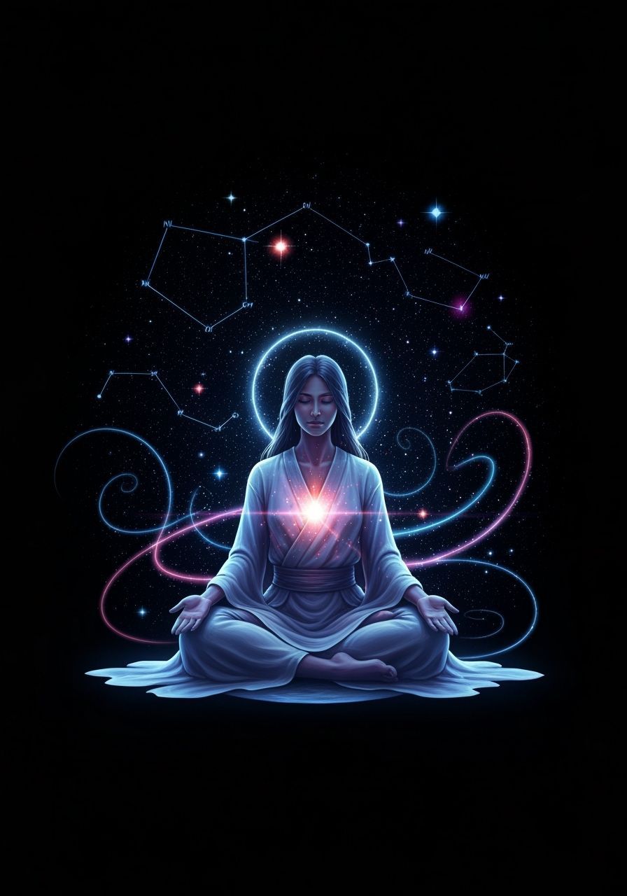 Ethereal Human Figure Meditating Amidst Cosmic Energy