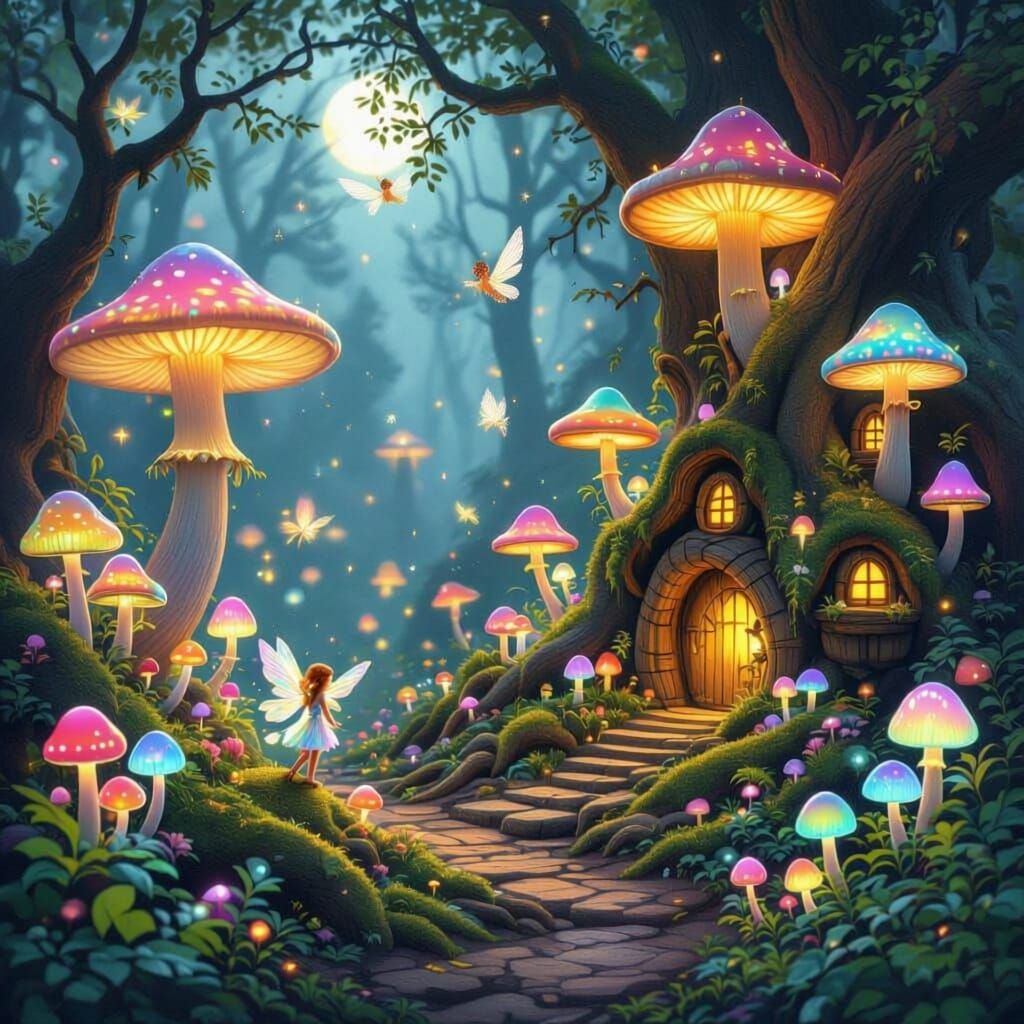 Enchanting Forest with Magical Mushrooms and Fairies