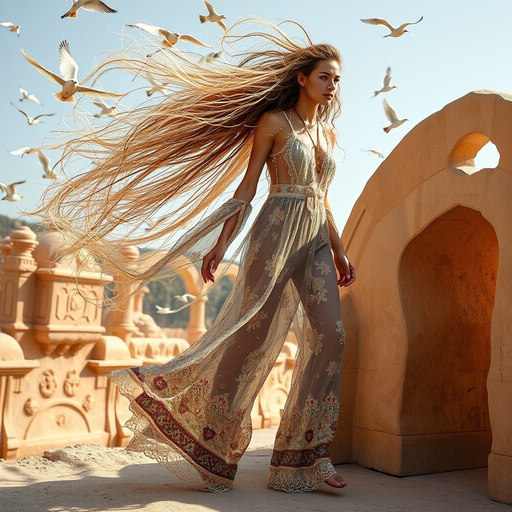 Ethereal Bohemian Goddess with Pearls and Wicker Webs