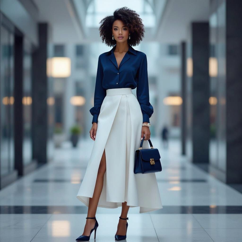 Elegant Woman in Navy & White Outfit, Urban Setting