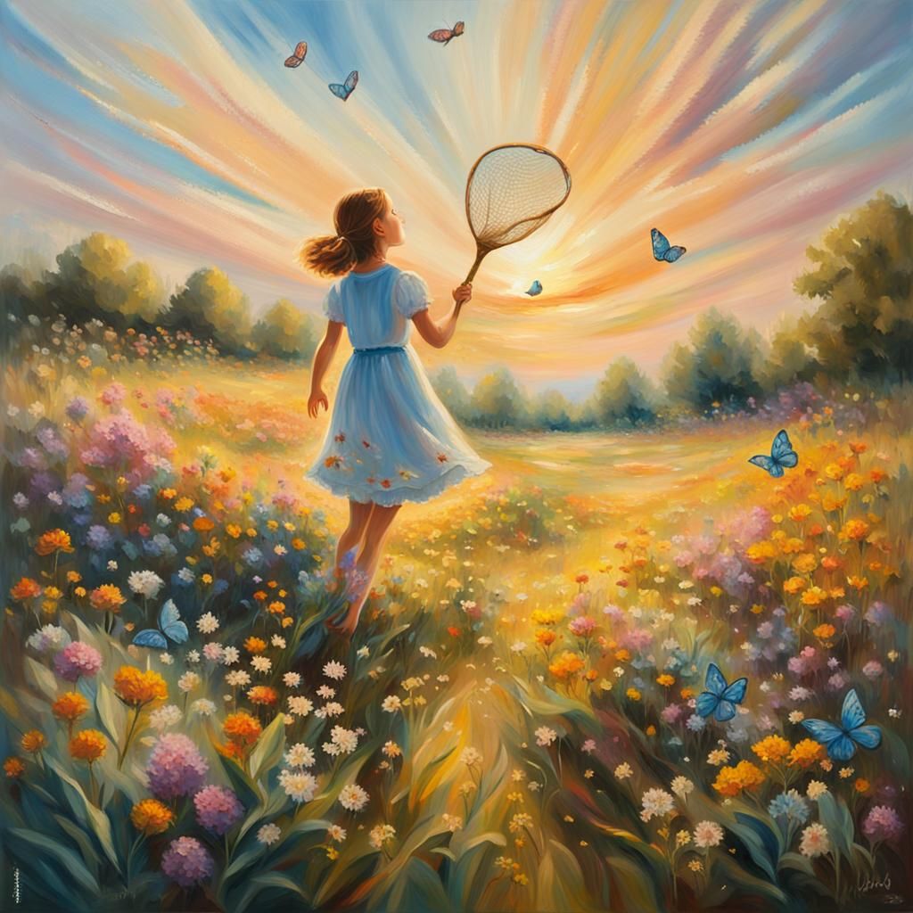 Girl Catching Butterflies in Impressionistic Oil Painting