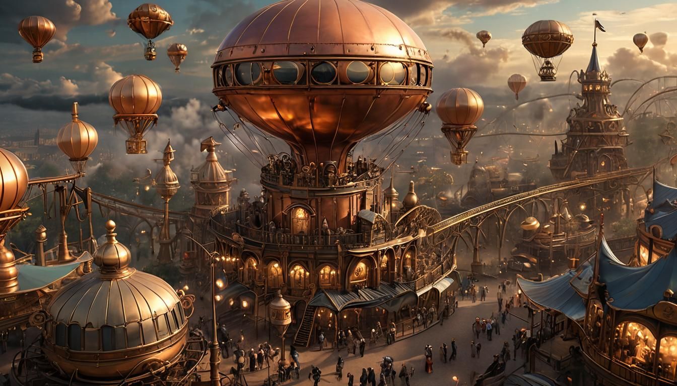 Steampunk Theme Park with Dirigibles and Clockwork Rides