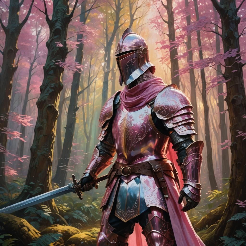Pink Knight in Mystical Forest, Fantasy Art