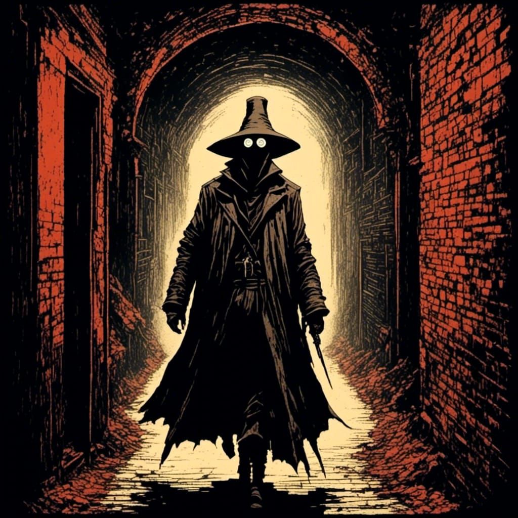 Plague Doctor in Medieval Alley Tunnel