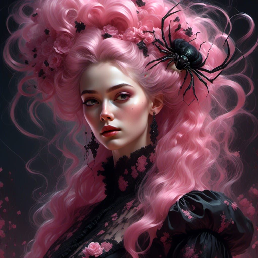 Gothic Rococo Woman with Spiders: Hyperdetailed Portrait
