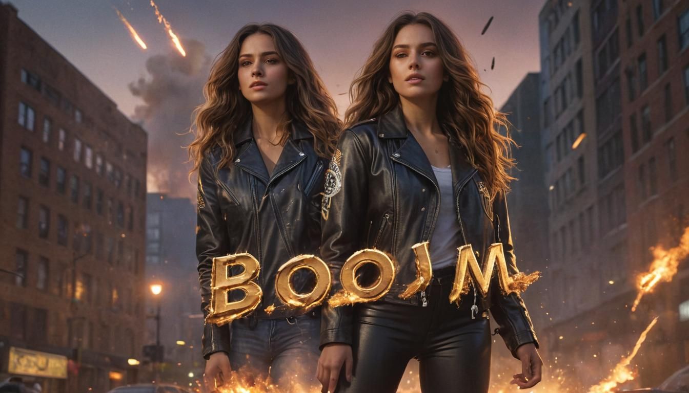 Girl in Leather Jacket with "BOOM" Text, Hyperrealistic Illu...
