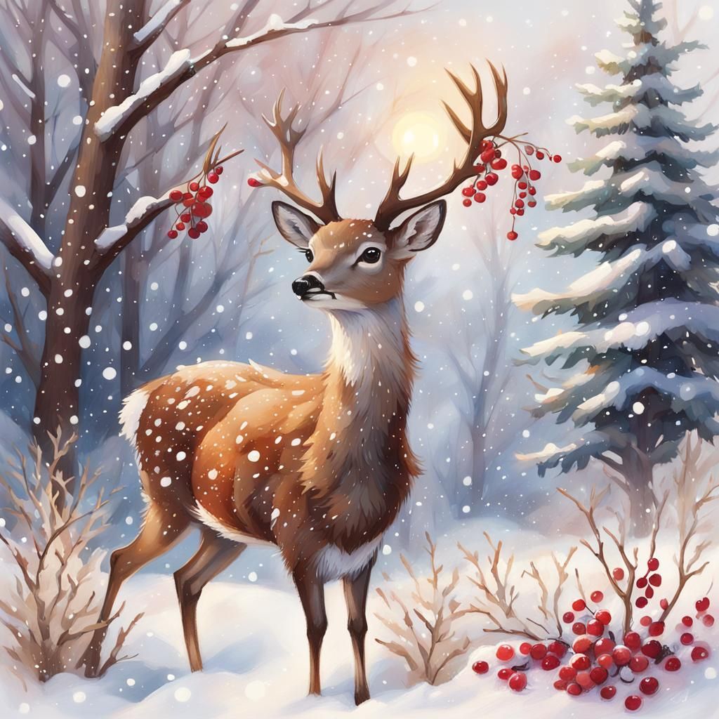 Whimsical Winter Wonderland with Deer and Flemish Jay
