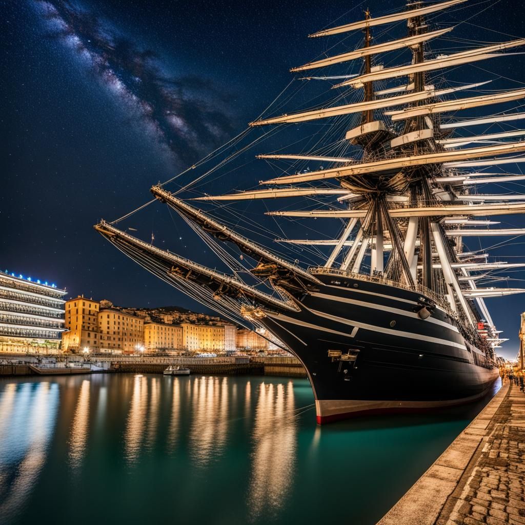 Galleon in Genoa Under Starry Night