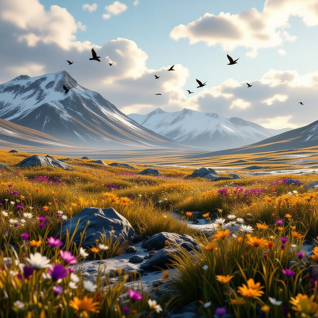 Windswept Tundra with Birds and Flowers in Detailed Matte Pa...