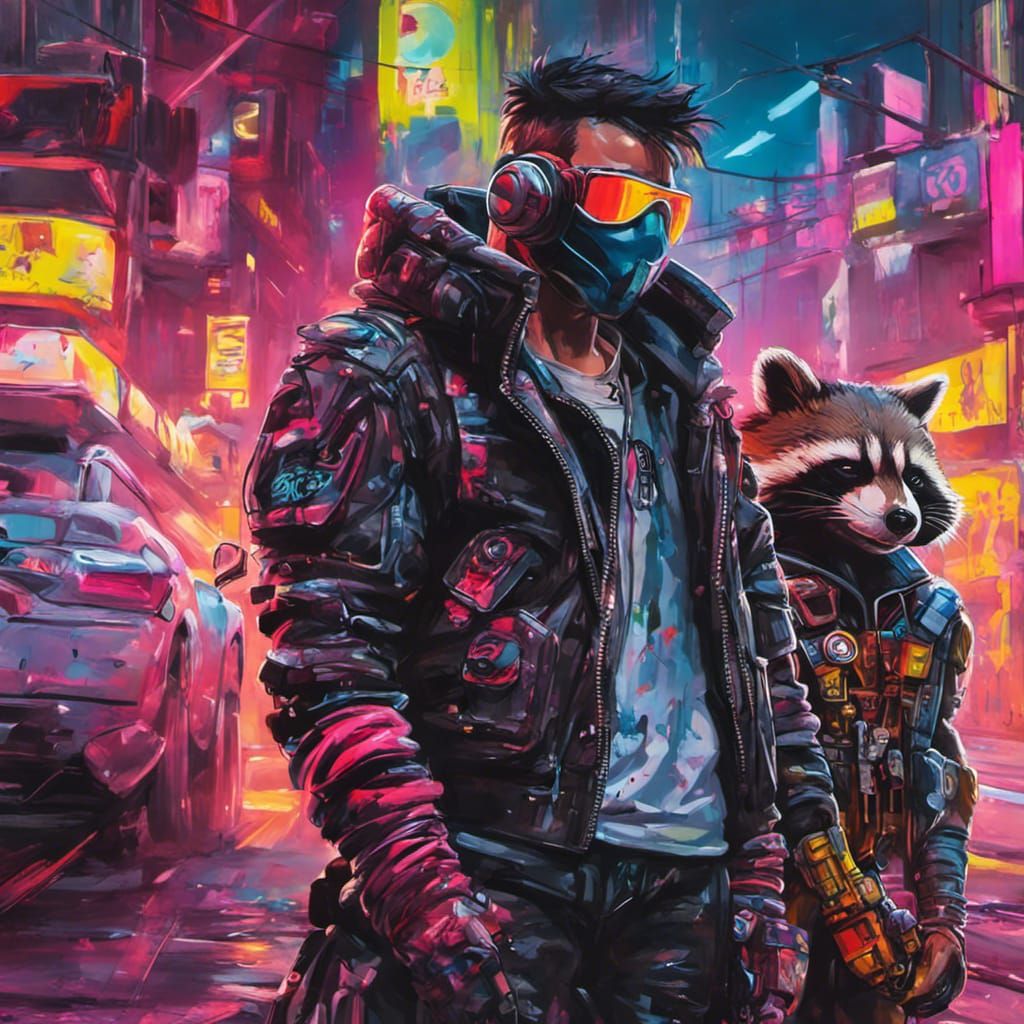 David Martinez and Rocket Raccoon in Cyberpunk Graffiti