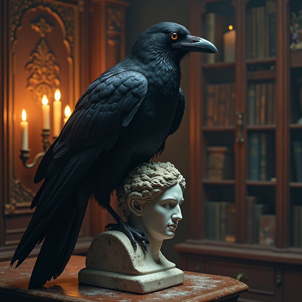 Raven Perched on Athena Bust in Victorian Study