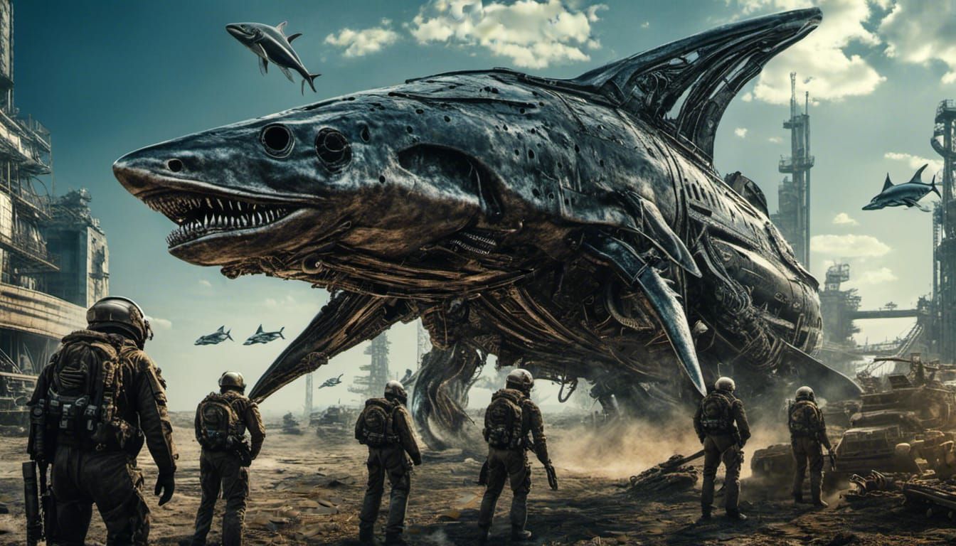 Cyberpunk Mechanical Shark with Aliens and Seahorses