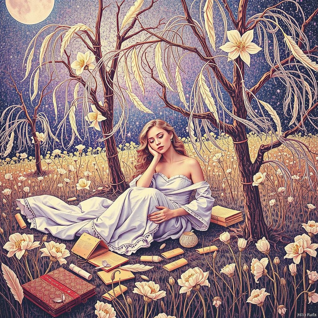 Dreamy Woman in Moonlit Garden, Surrounded by Letters and Vi...
