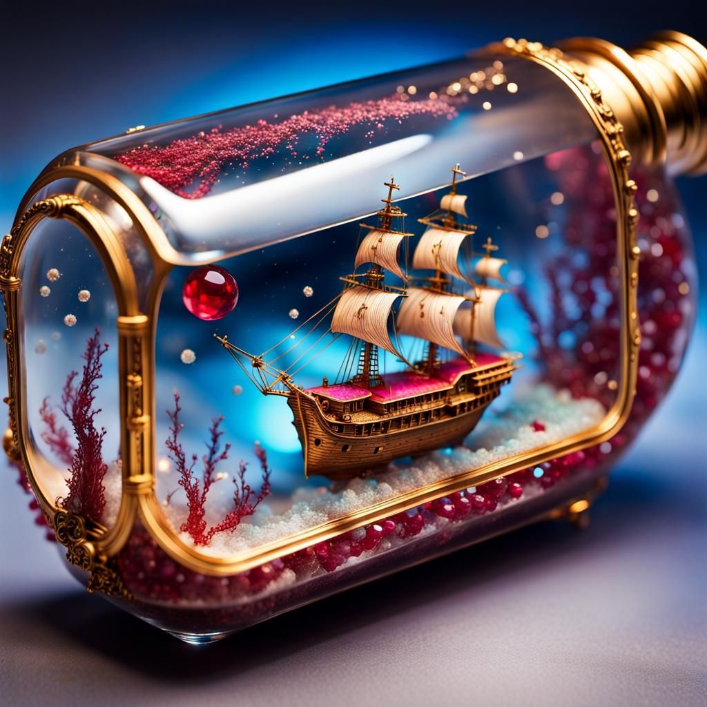 Ornate Ship in a Bottle with Ruby Inlay