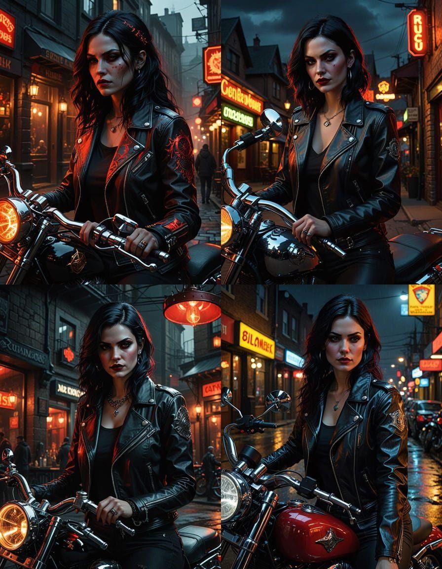 Evil woman with black hair in a leather jacket and sits on c...