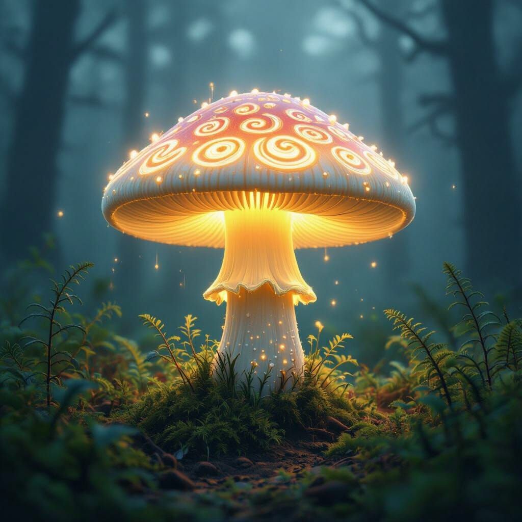 Ethereal Glowing Mushroom in Misty Forest