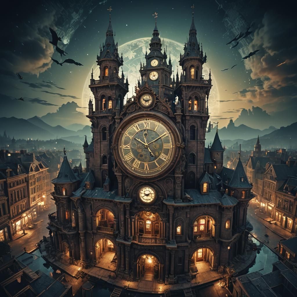 Fantastical Cituscape with Clock Face at Night