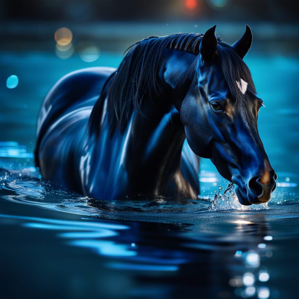 Stunning Black Arabian Horse Swimming in Glowing Water