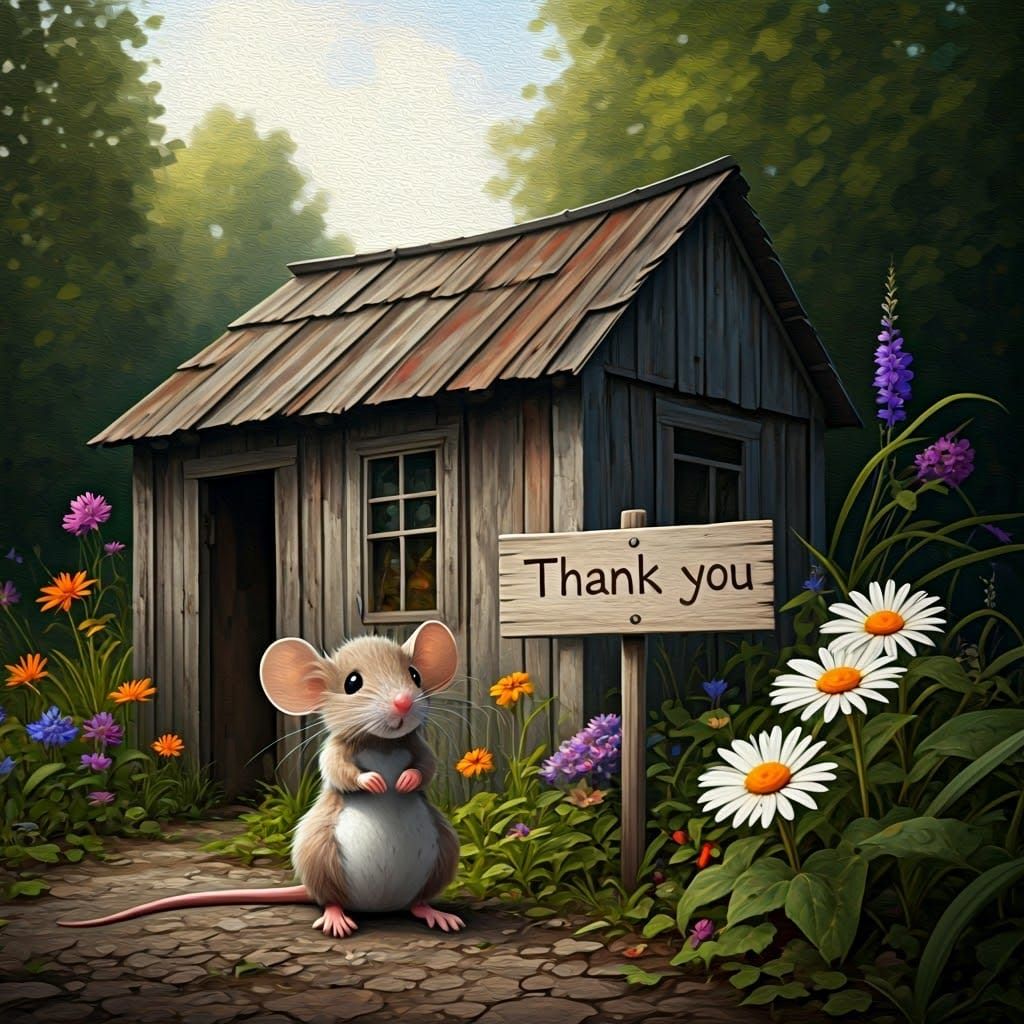 Cute Mouse With Thank You Sign, Classical Painting