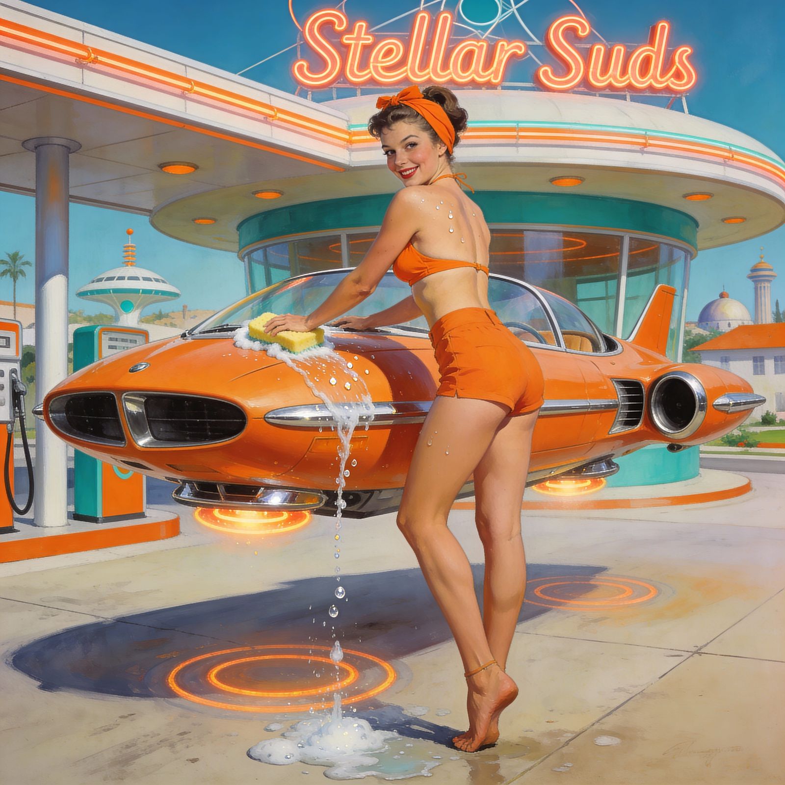 Retro Pin-Up Washing a Flying Car at Stellar Suds