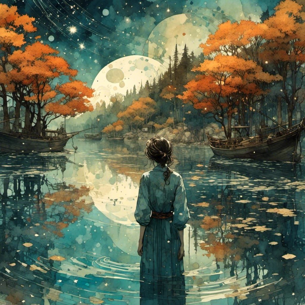 Watercolor Woman Gazing at Stars