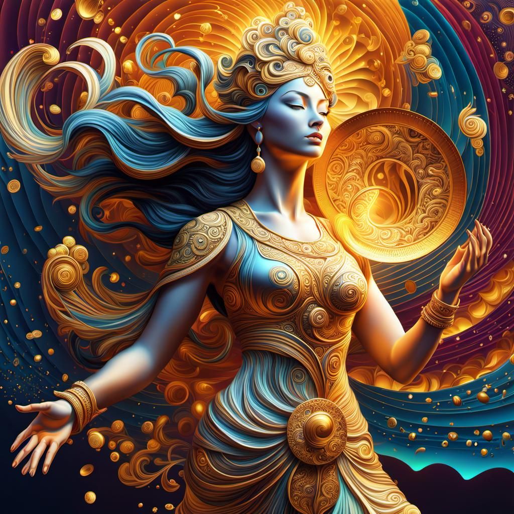 Goddess of Fortune Tossing Coin: Hyperrealistic Splash Art