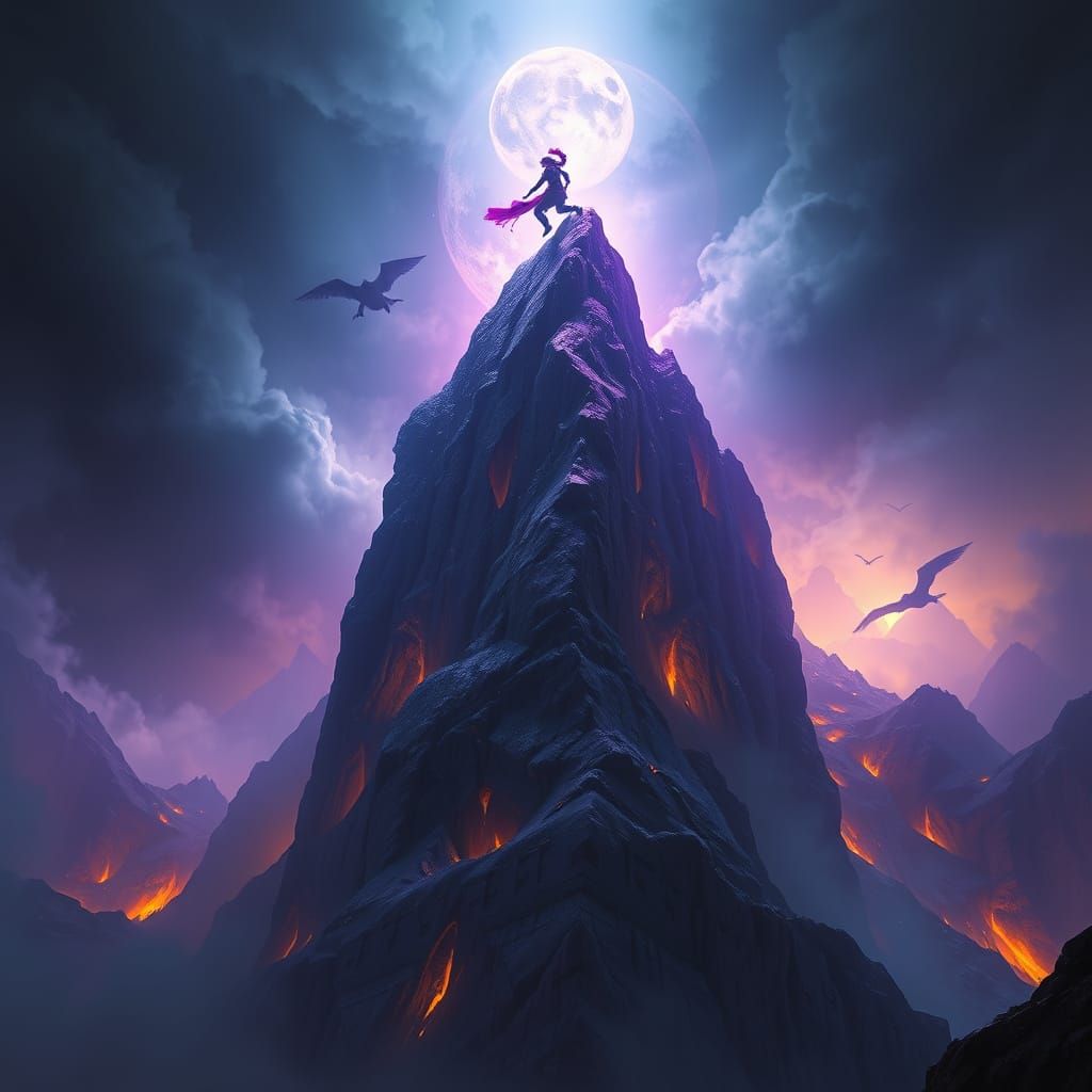 Majestic Figure Leaps Over a Towering Mountain in Dark Fanta...
