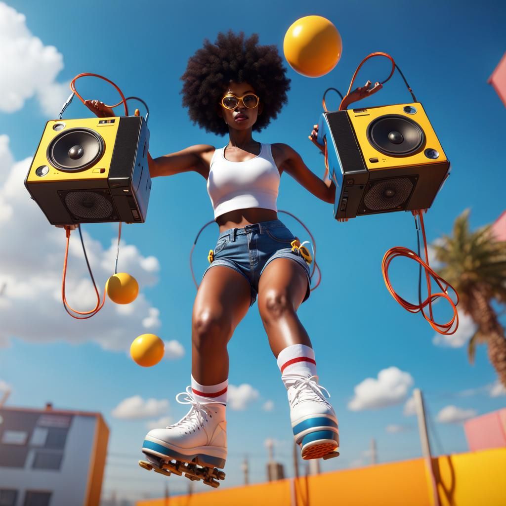 Afrofuturistic Woman Jumping Rope in a Sci-Fi Cityscape