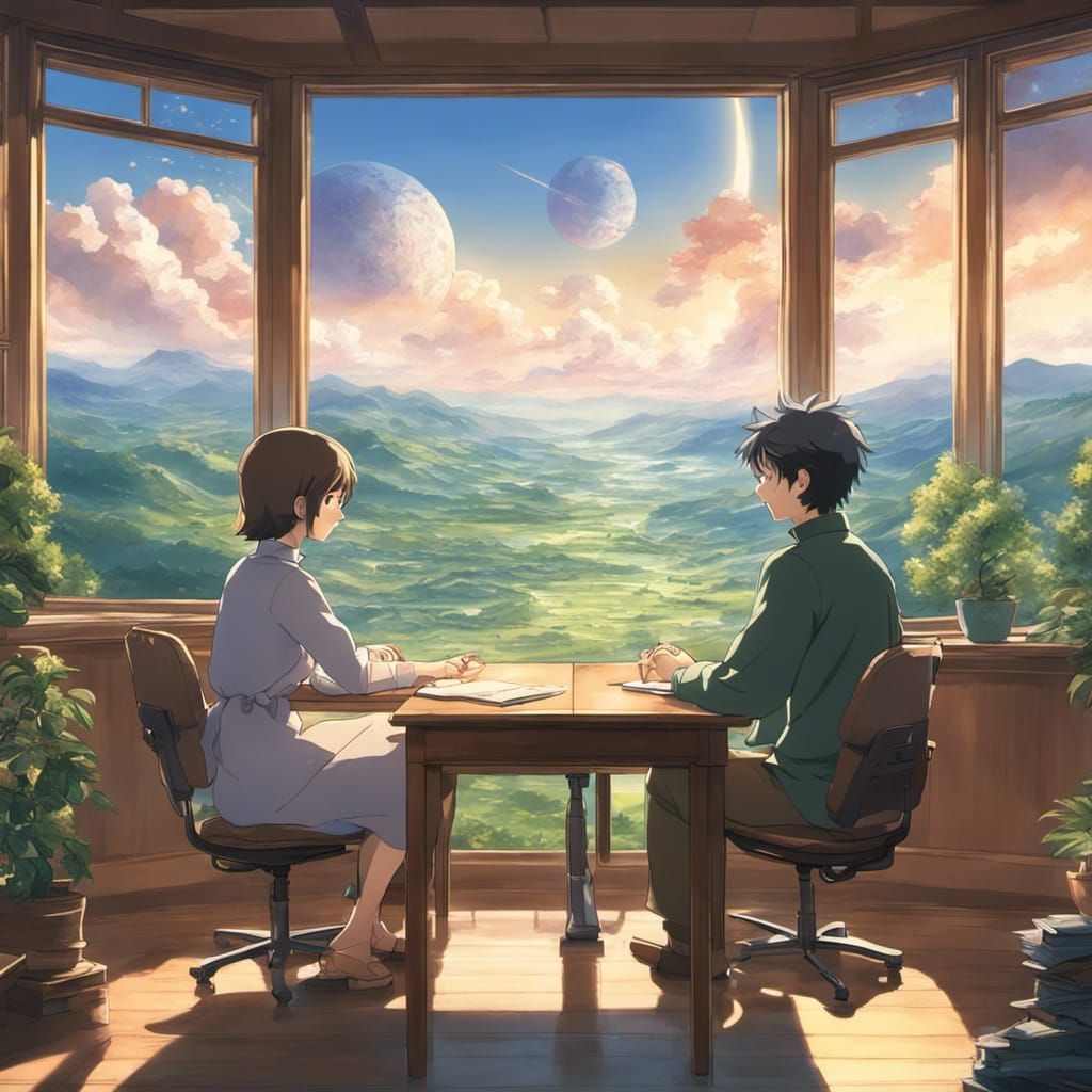 Planetary View from Mountain Estate: Ghibli Anime Art