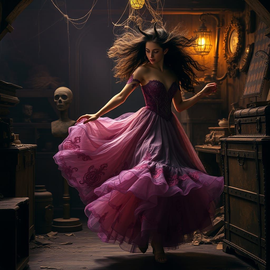 Woman Dancing in Attic, Dark Fantasy Art Nouveau