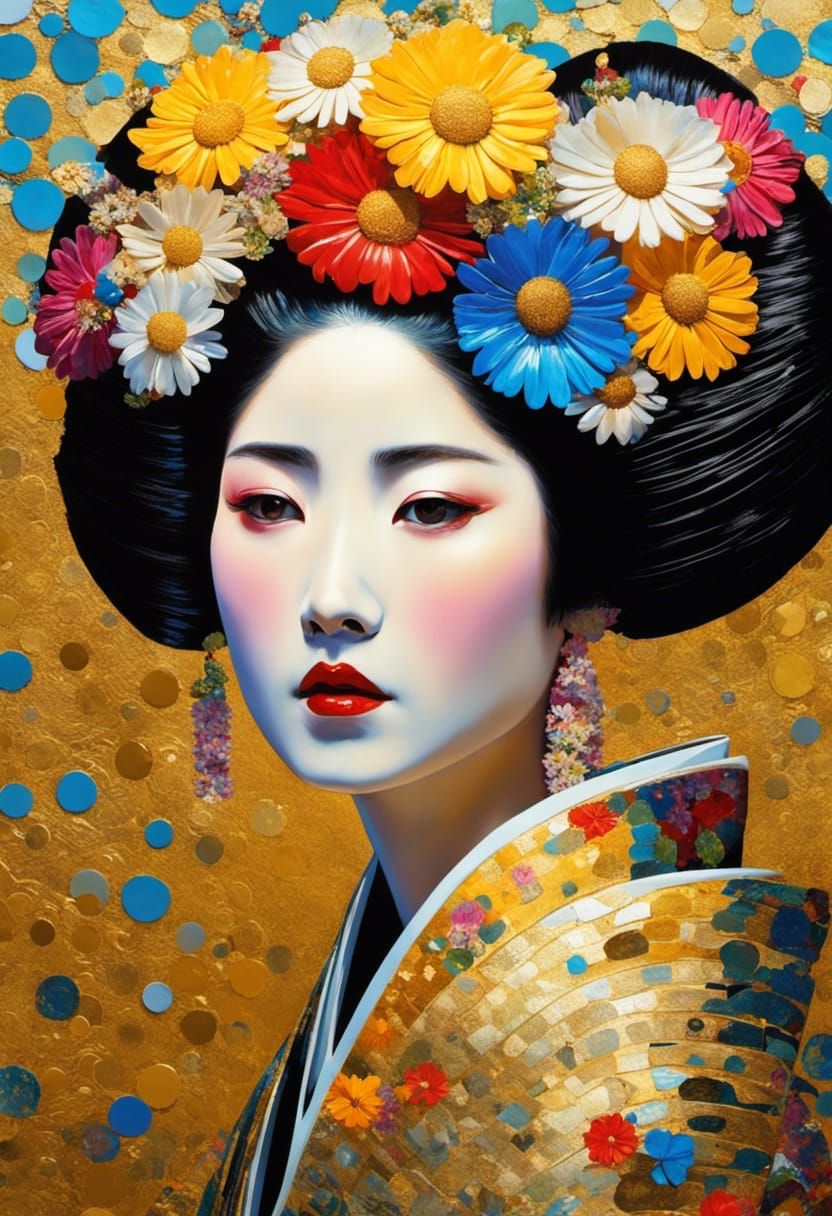 Geisha with Daisies: Neo-Impressionist Expressionist Portrai...