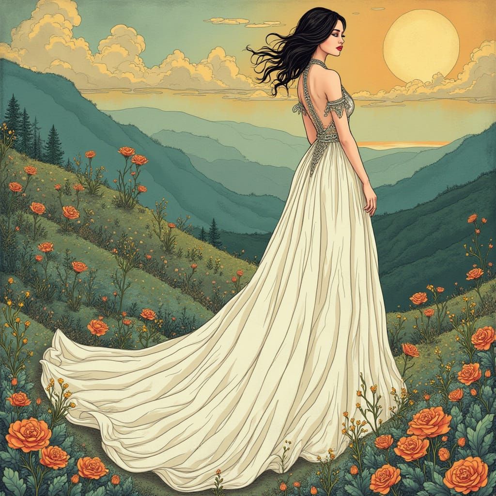 Woman in Flowing Gown: Art Nouveau Style