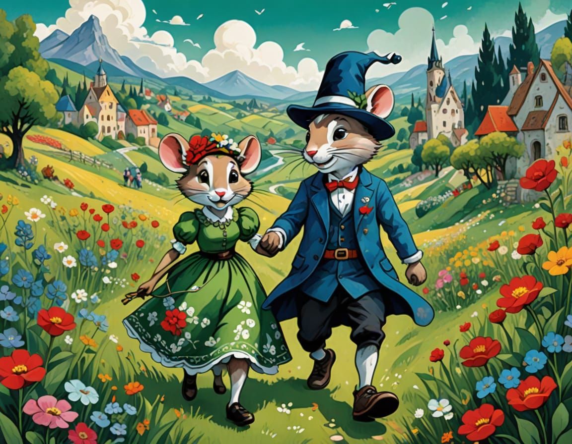 Whimsical Mice Couple Strolls in a Lush Meadow