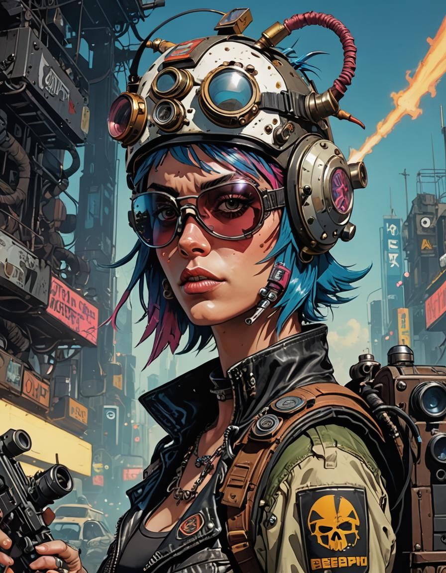 Jamie Hewlett’s Tank Girl wearing a helmet and goggles, cybe...