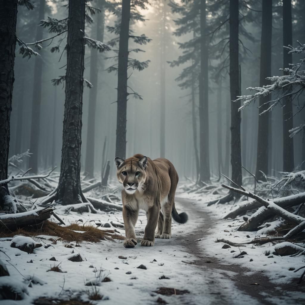 Snowy Cougar in Misty Taiga Forest