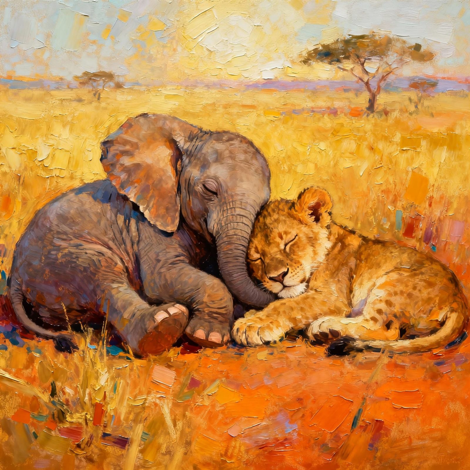 Elephant and Lion Cub Cuddle on Savannah