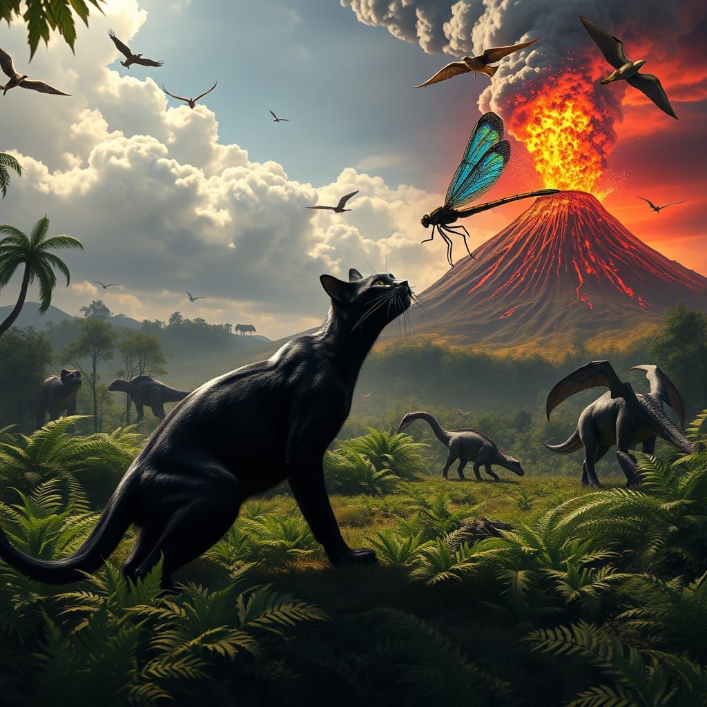 Prehistoric Black Cat Reaching for Dragonfly