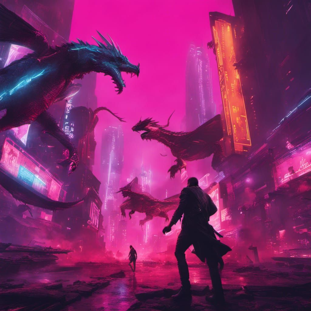 Dragons Attack Futuristic City in Cyberpunk Style