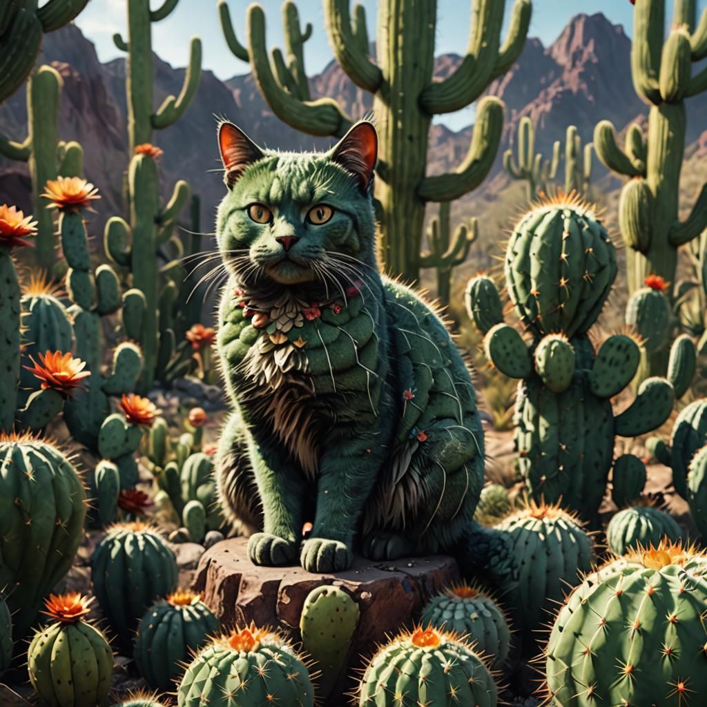 Cat-Shaped Cactus in Detailed Matte Painting