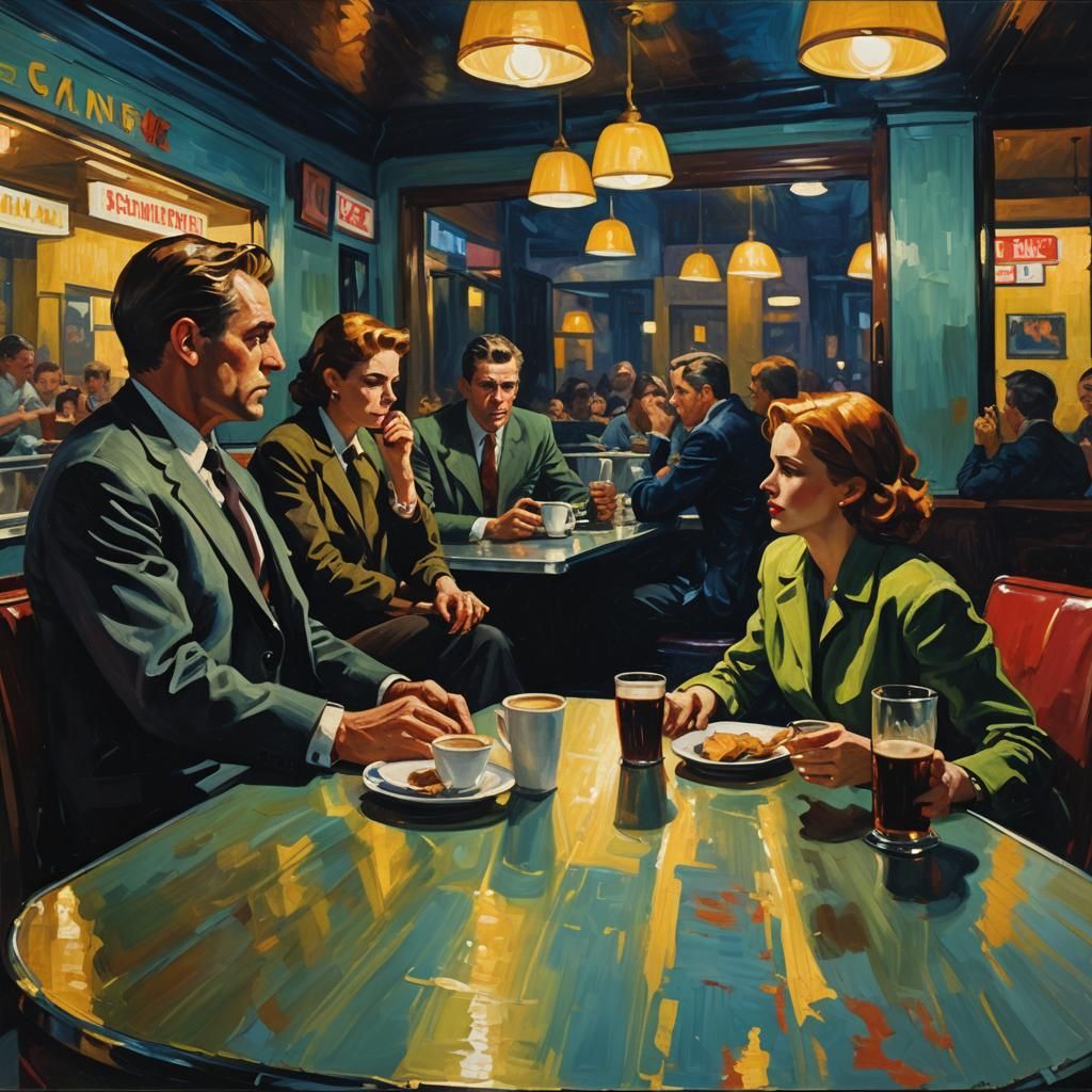 City Diner at Night: Expressionist Impasto Oil Painting