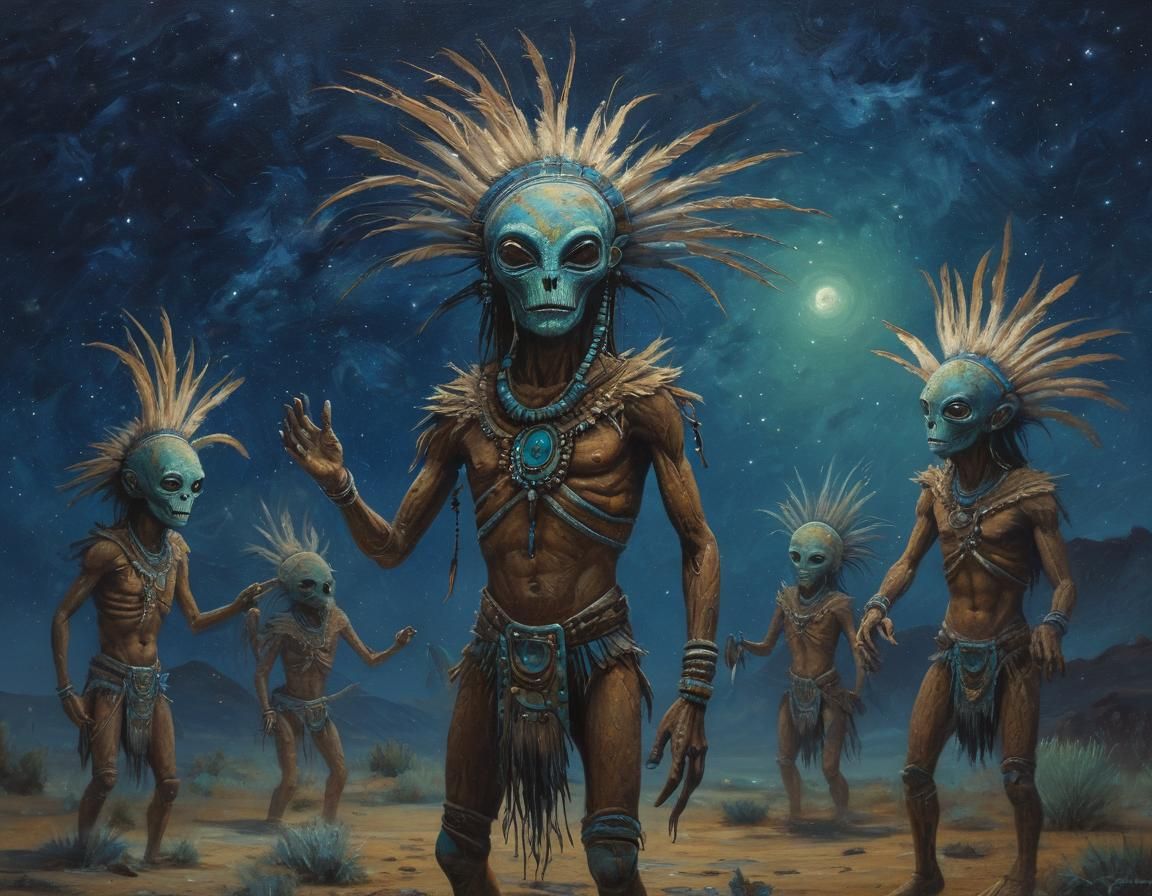 Alien Kachinas Dance Under Starlight as Oil Painting