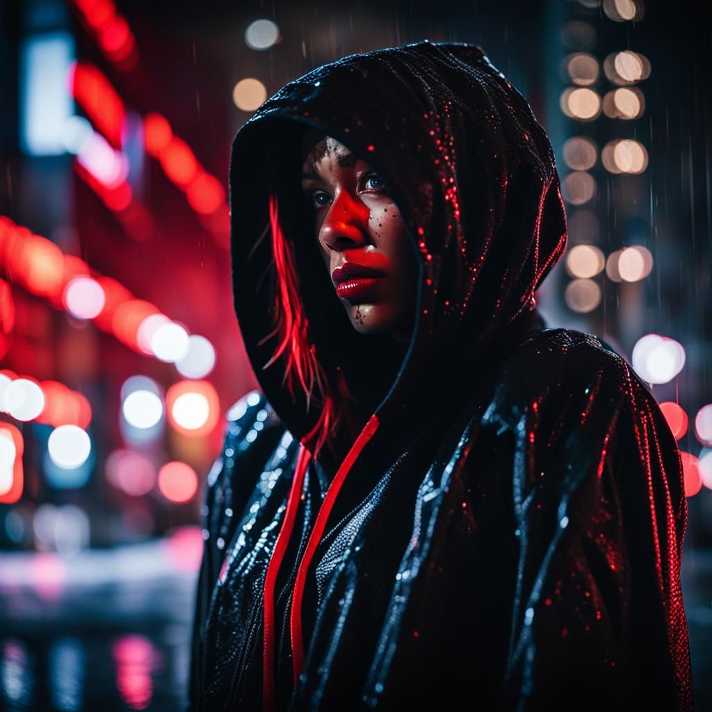 Moody Red-Skinned Woman in Urban Nightscape