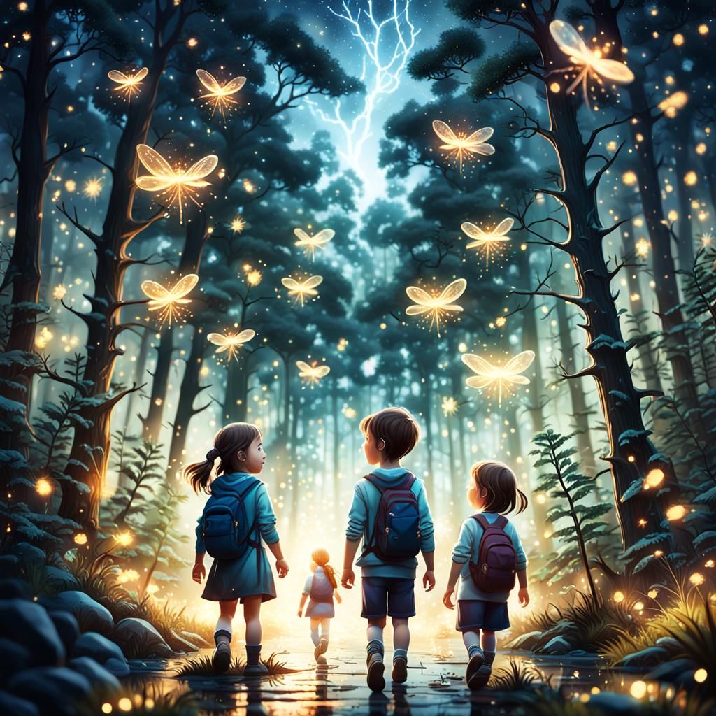 Magical Forest Discovery: Siblings in a Fantasy Illustration