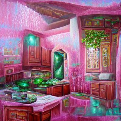 Jade Floor and Pink Curtains: 8K Kitchen Design