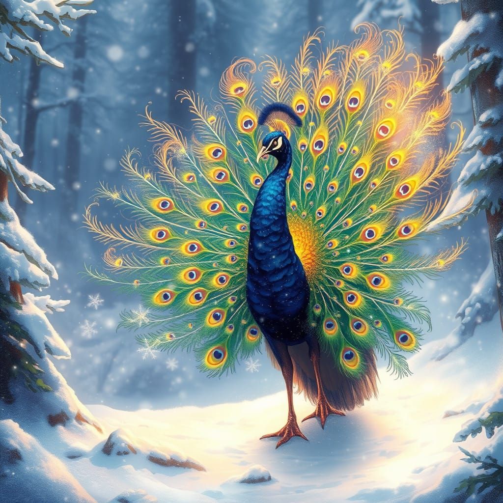 Whimsical Peacock Dance in Winter Wonderland