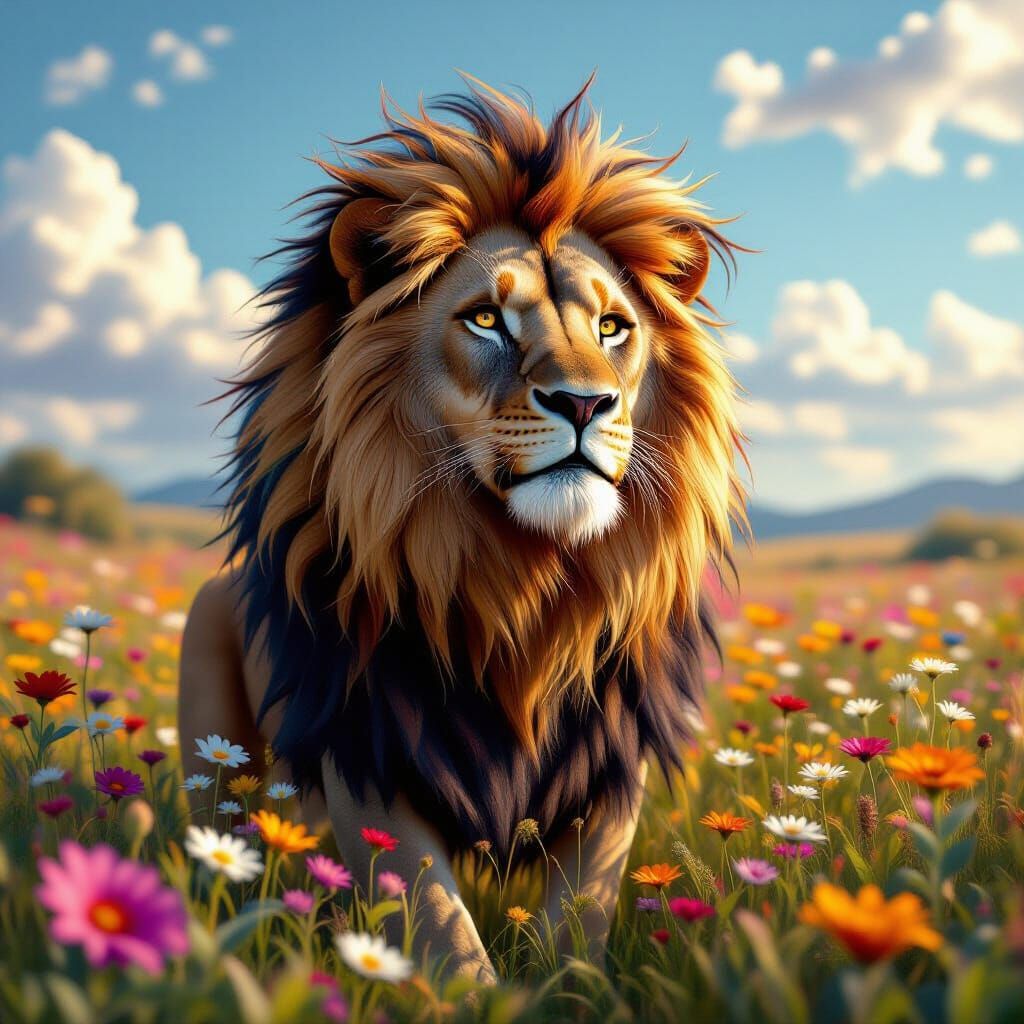 Kaleidoscopic Lion in Wildflower Field: Fantasy Concept Art