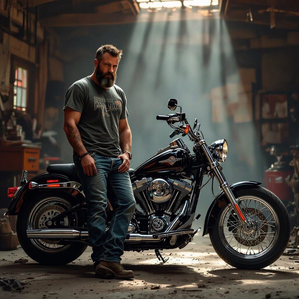 Man and Harley Motorcycle in Dusty Garage Concept Art