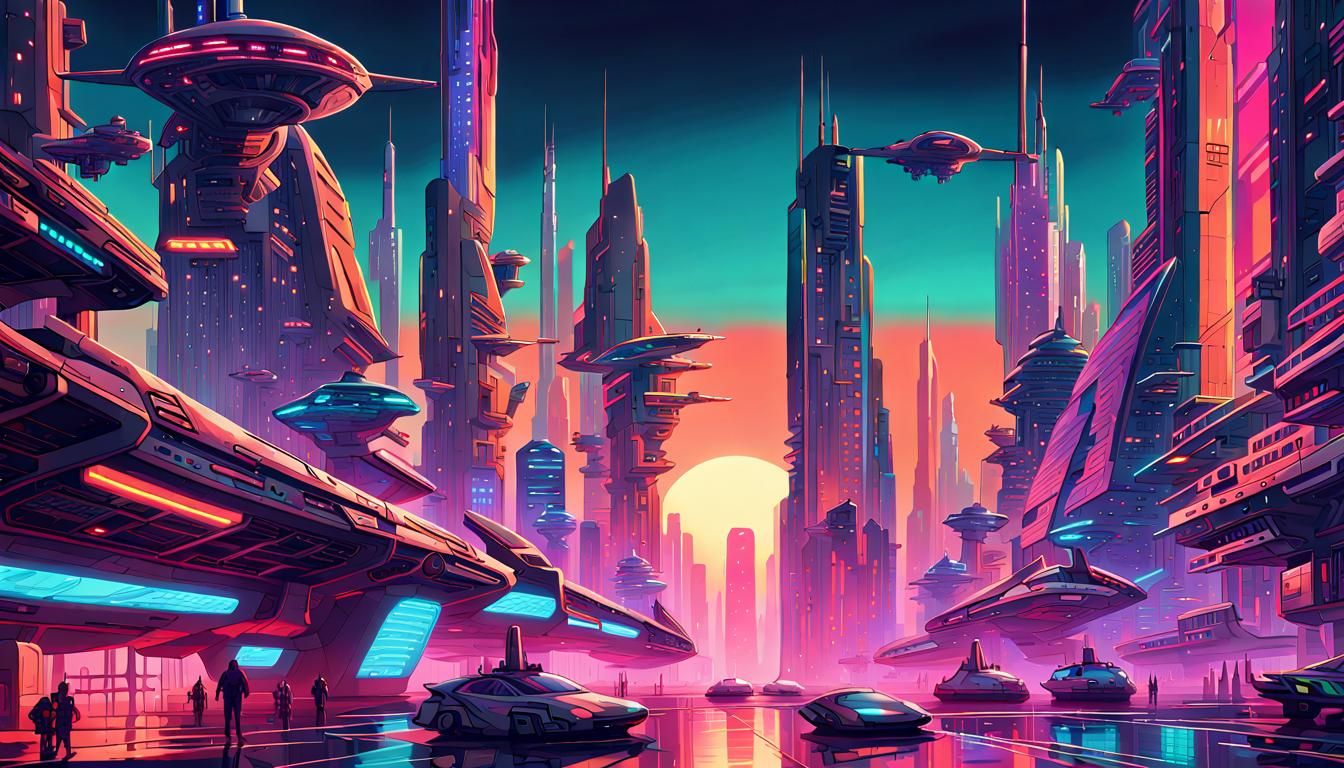 Cyberpunk Megacity with Flying Cars in Synthwave Style